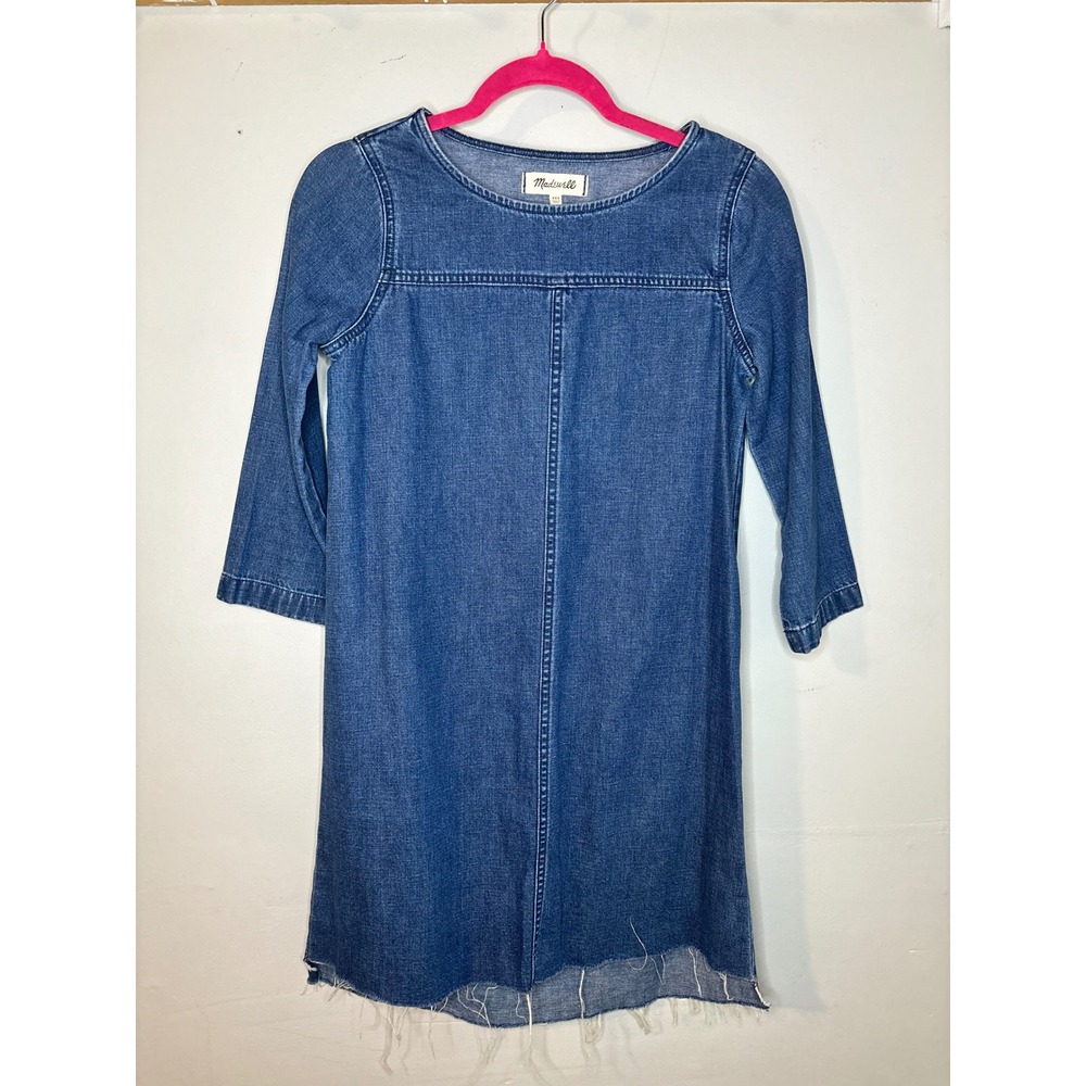Madewell Denim Linen Blend Shift Mini Dress Raw Hem Blue XXS